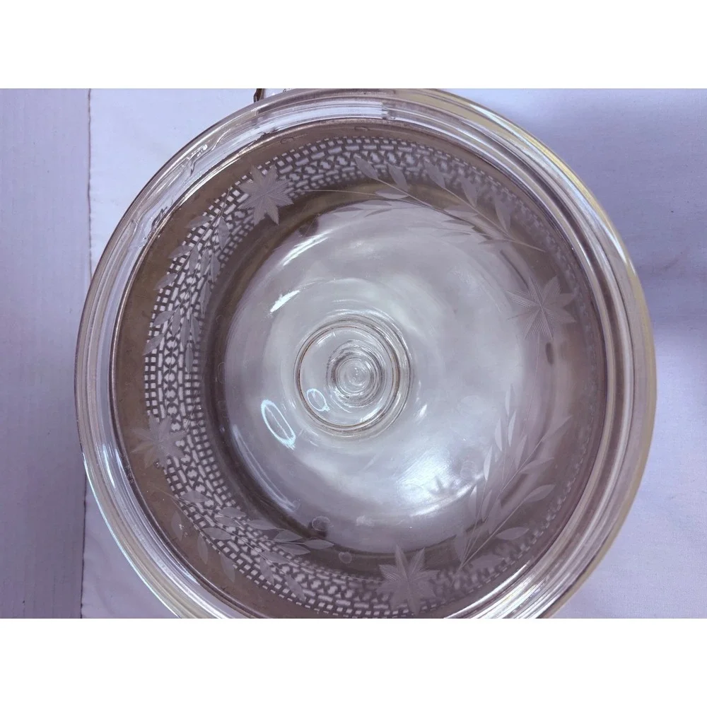 Pyrex Clear‎ Glass Etched Floral Casserole Dish with Silver Filigree Cradle Antq